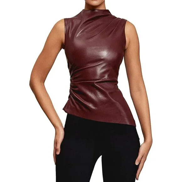 Faux Leather Pleated Sleeveless Asymmetrical Mock Neck Tank Top - Size M, NWT - Picture 1 of 7